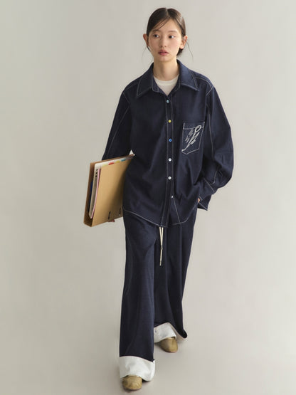 Set-Up Bi-Color Denim Casual Embroidery Elastic-Waist Shirt＆Wide-Pants