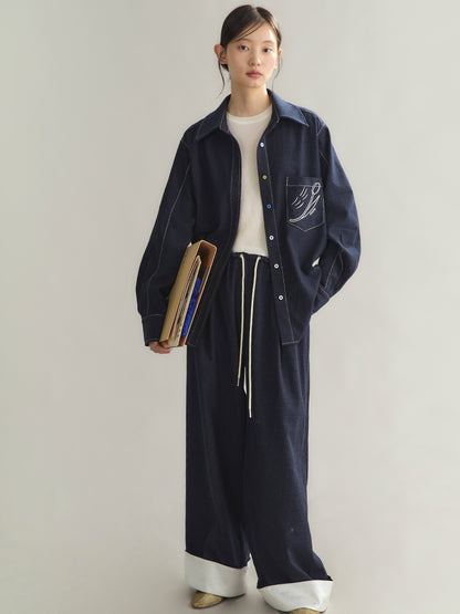 Set-Up Bi-Color Denim Casual Embroidery Elastic-Waist Shirt＆Wide-Pants