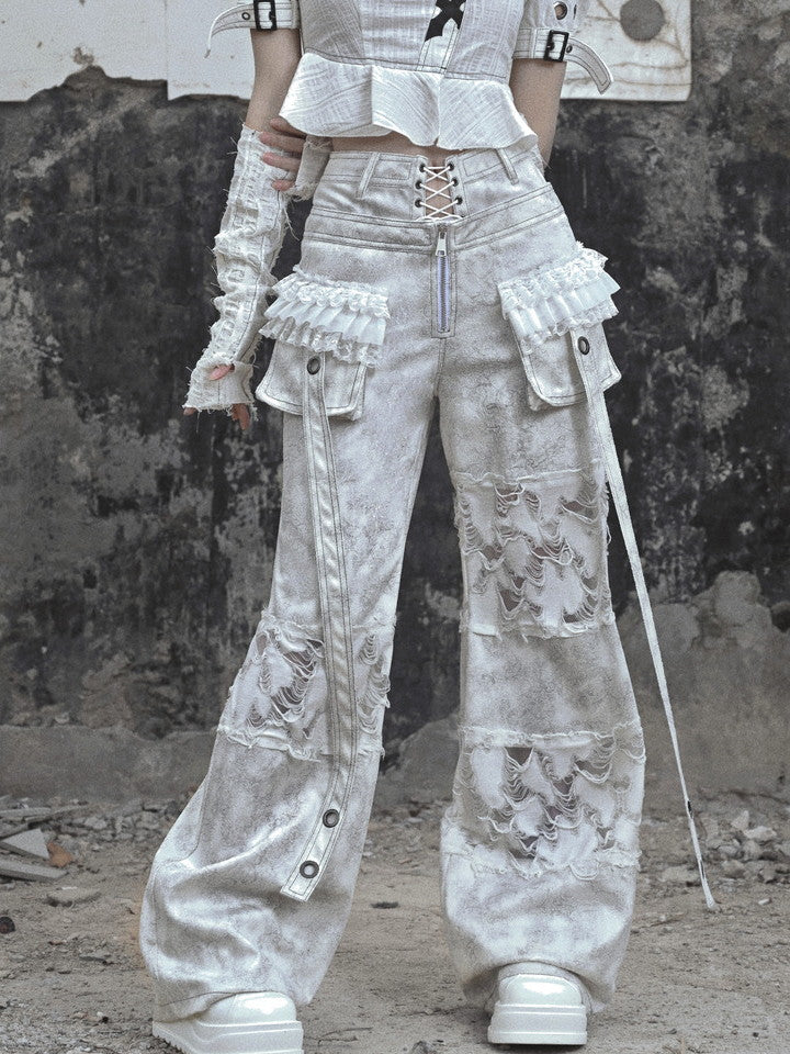 Gothic Damege Frill Side-Pocket Vintage Lace-Up Lace Wide-Pants