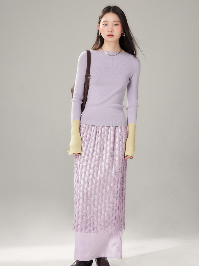 Sparkly Mesh Knit Unique Nichi Plain Satin Long-Skirt