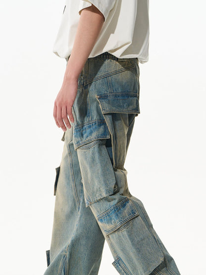 Verblasste Seitenpocket-Denimhose mit weitem Bein