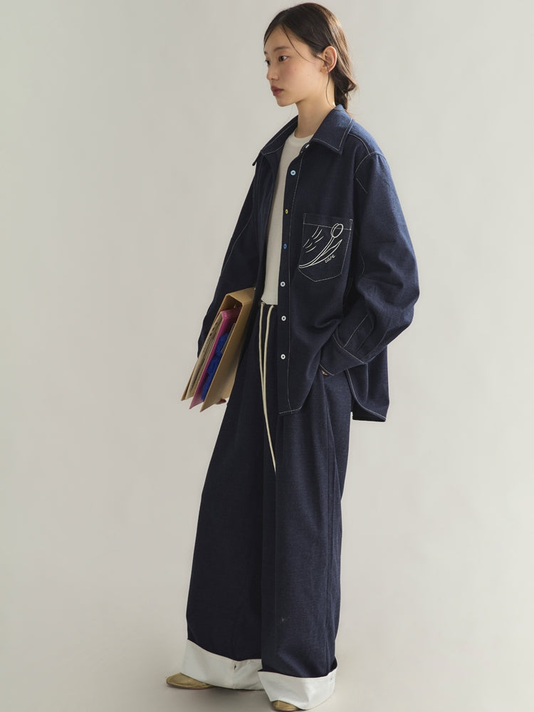 Set-Up Bi-Color Denim Casual Embroidery Elastic-Waist Shirt＆Wide-Pants