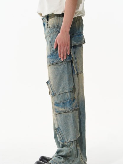 Faded Wide-Leg Side-Pocket Denim Pants