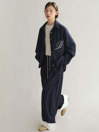 Set-Up Bi-Color Denim Casual Embroidery Elastic-Waist Shirt＆Wide-Pants