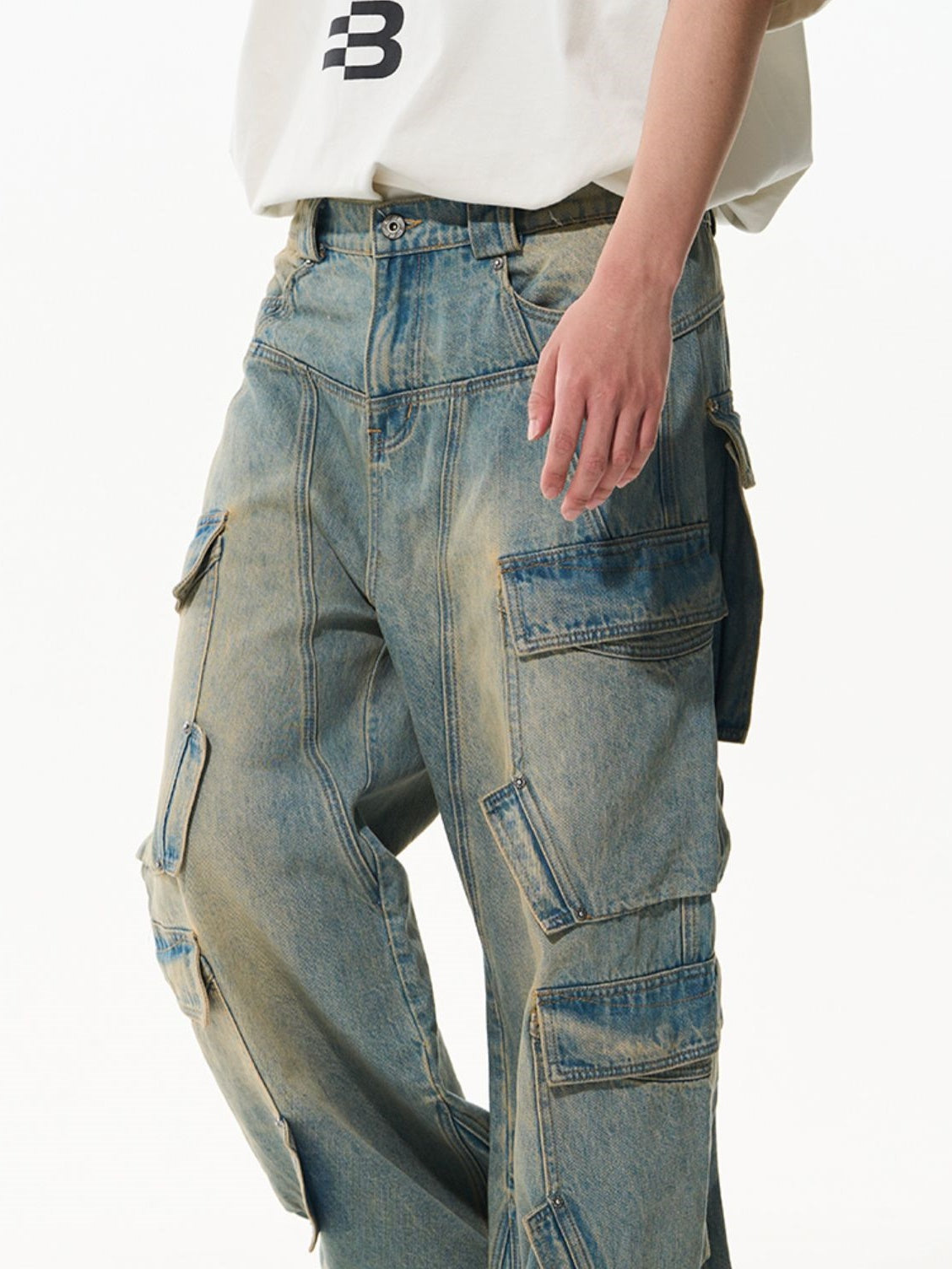 Faded Wide-Leg Side-Pocket Denim Pants