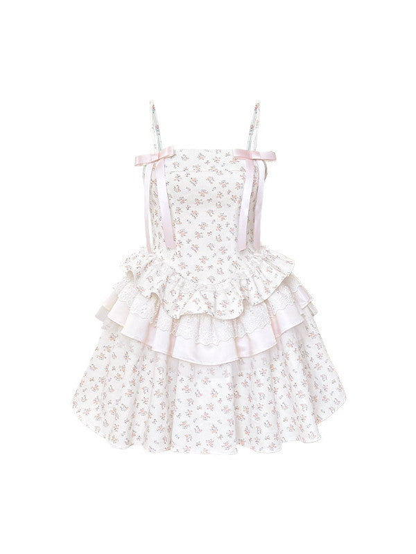 Camisole Ribbon Flower Tiered Princess Tight Ribbon Sweet Flare Dress