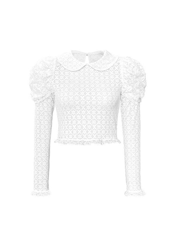 Power-Shoulder Flower Laces Sheer Mesh Tight Blouse