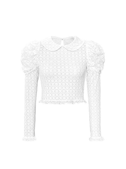 Power-Shoulder Flower Laces Sheer Mesh Tight Blouse