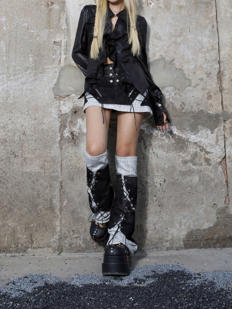 Gothic Lace-Up Mix Leather Casual Mini-Skirt＆Leg-Warmer