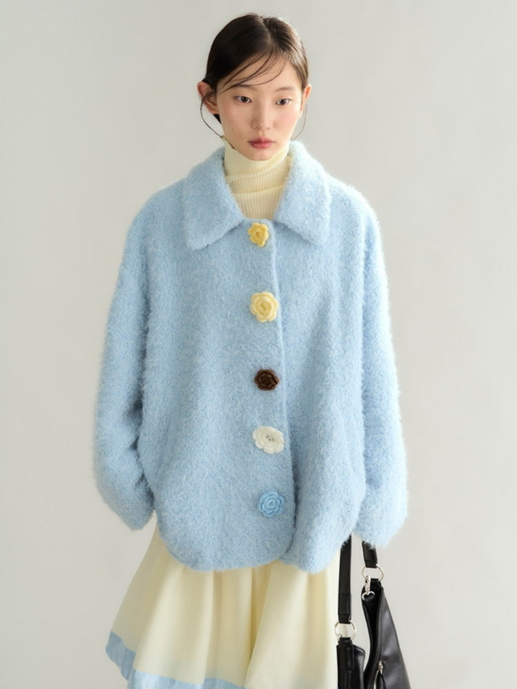 Cardgian Flower-Button Feminine Oversize Mohair-Knit