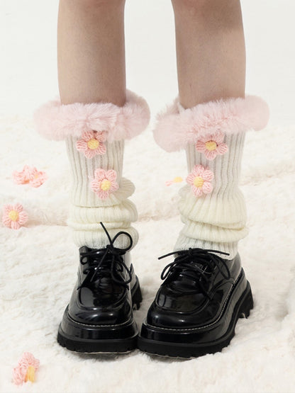 Boa Fur Flower Thick Knit Leg-Warmer