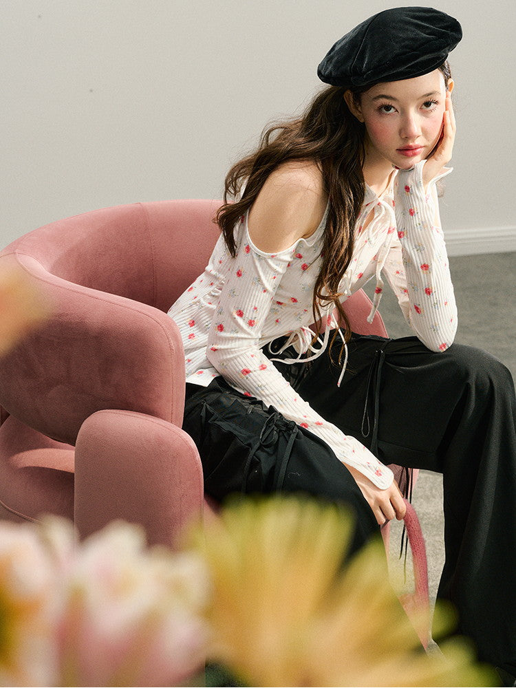 Open-Shoulder Flower Long-Sleeve Retro Knit