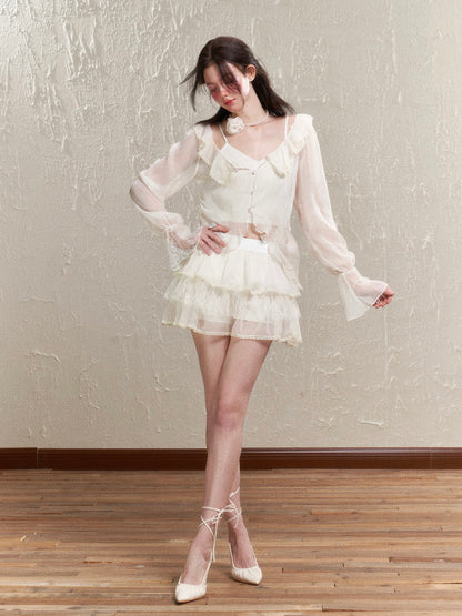 Sheer Frill Lace Feminine Blouse&amp;Mini-Skirt