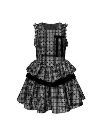 Dot Checked Princess Tiered Lace No-Sleeve Sweet Frill Dress