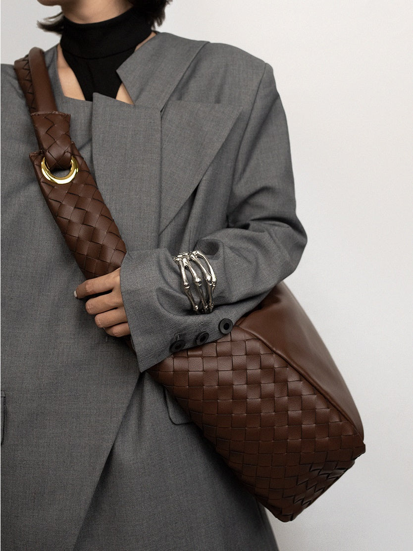 Large Leather Knit Braid Tote-Bag