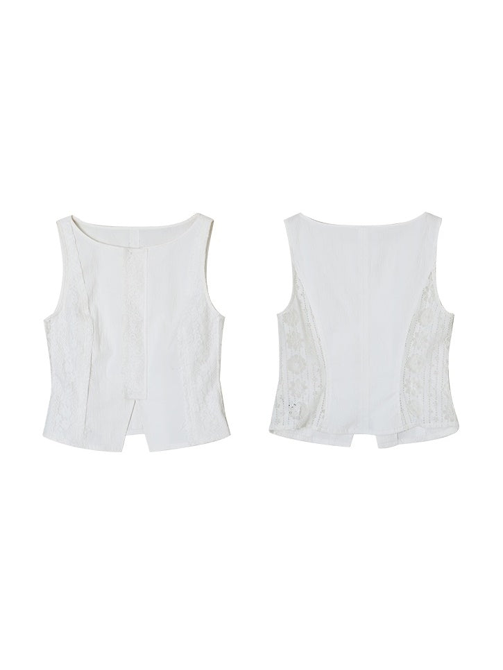 Punching Embroidery Sleeveless Natural Lace Blouse