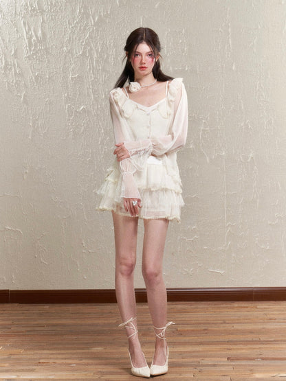 Sheer Frill Lace Feminine Blouse&amp;Mini-Skirt