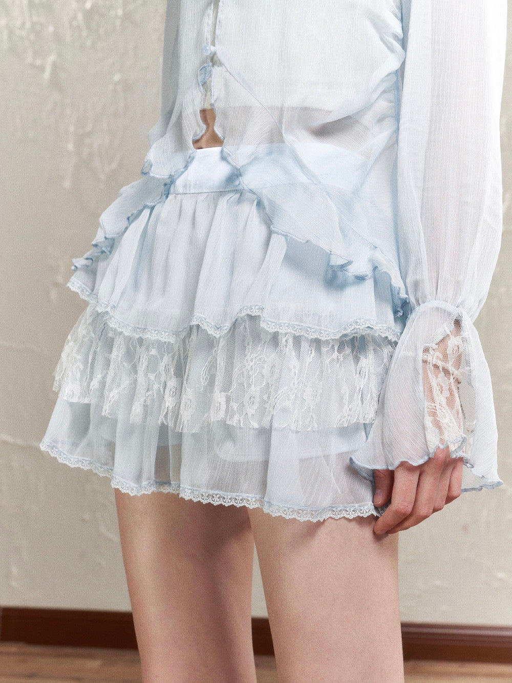 Sheer Frill Lace Feminine Blouse&amp;Mini-Skirt