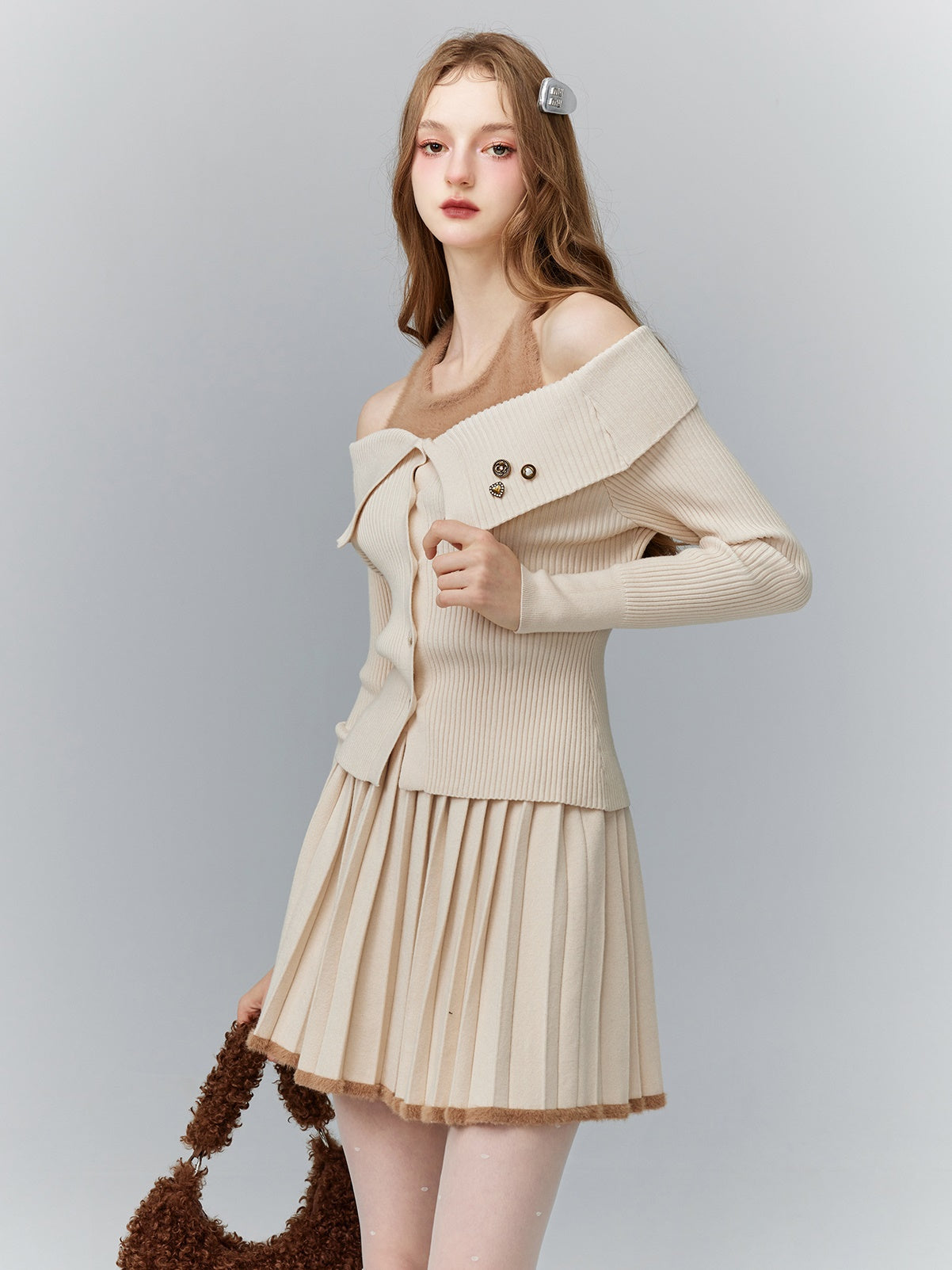 Rib-Knit Open-Shoulder Layered Cute Retro Tops＆Mini-Skirt＆Bag