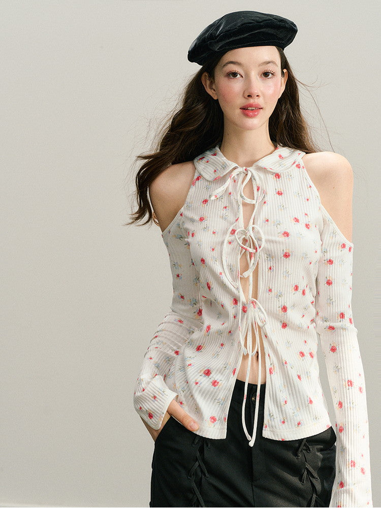 Open-Shoulder Flower Long-Sleeve Retro Knit