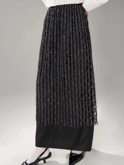 Sparkly Mesh Knit Unique Nichi Plain Satin Long-Skirt