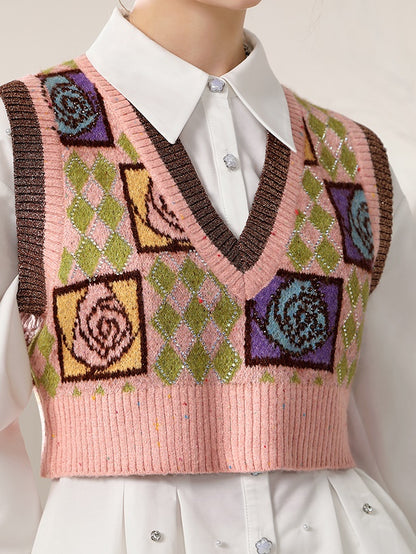 Patchwork Retro V-Neck Knit Vest