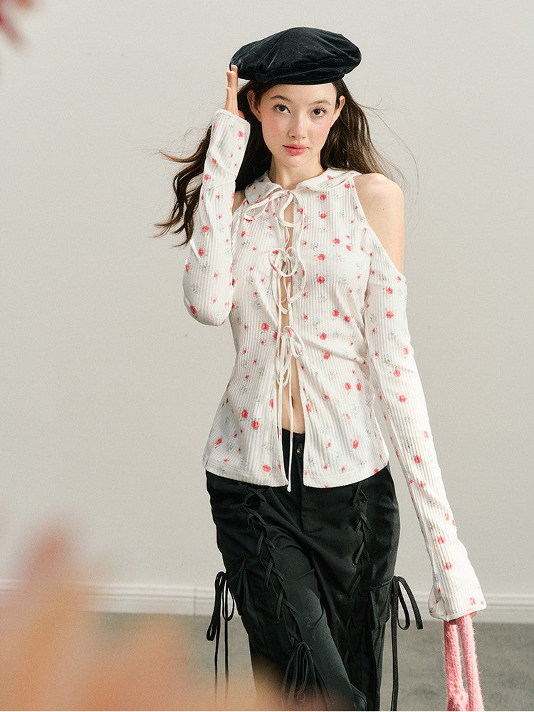 Open-Shoulder Flower Long-Sleeve Retro Knit