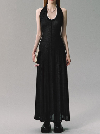 Halter-Neck Long Layered Bi-Color Back-Open Dress