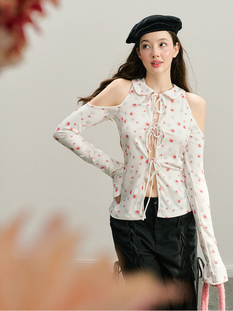 Open-Shoulder Flower Long-Sleeve Retro Knit