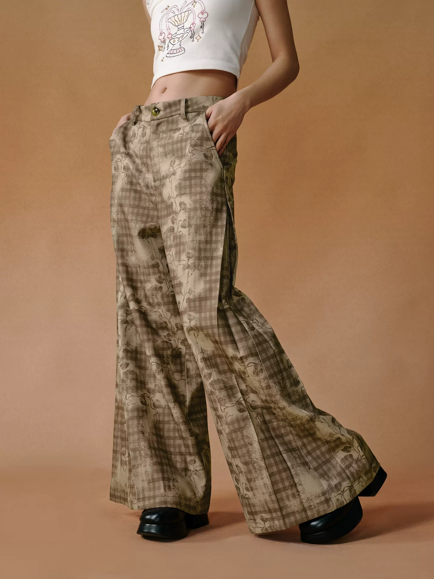 Retro Hand-painted Smudged Plaid Wide-leg Pants