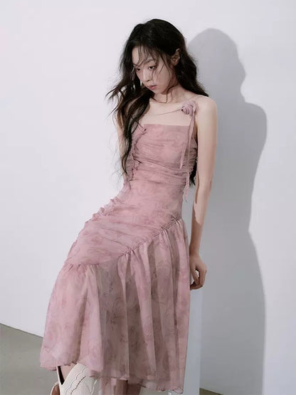 Asymmetric Wrinkled Suspender Dress