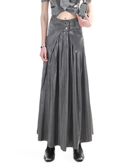 Glossy Wrinkled Flare Long-Skirt