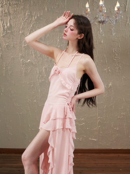 Tiered CIFFON Slit Rose Lace-Up One-Piece