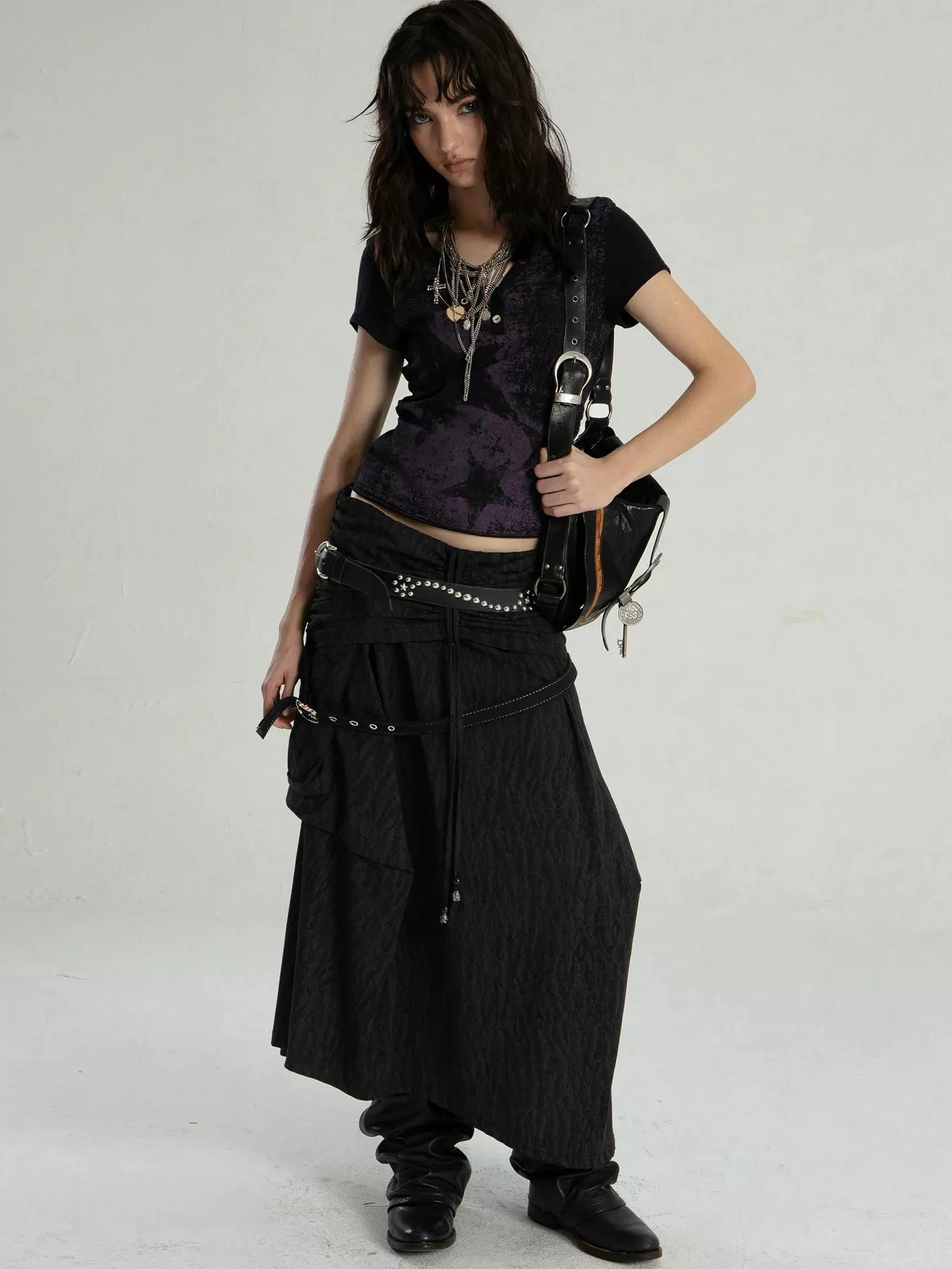 Tribal Style Irregular Segmentation Pleated Long Skirt