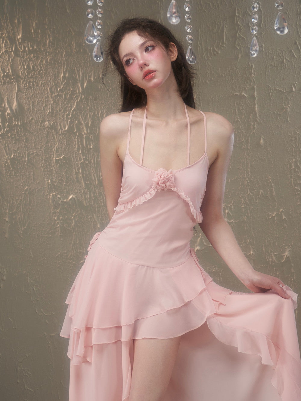 Tiered Ciffon Slit Rose Lace-up One-piece