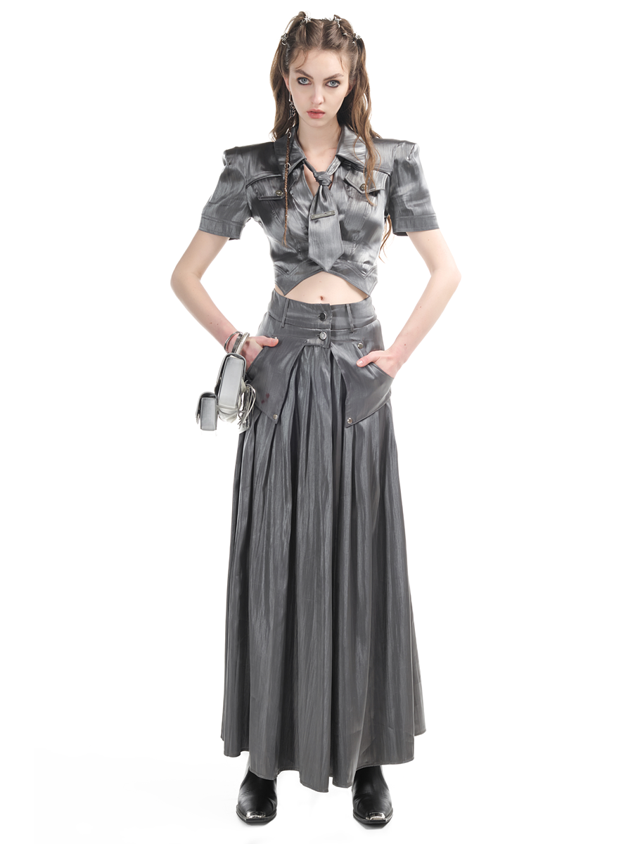 Glossy Wrinkled Flare Long-Skirt