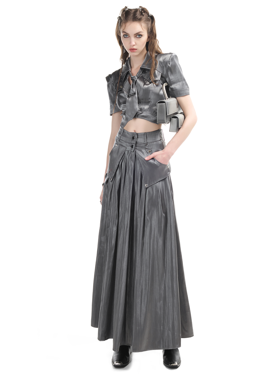 Glossy Wrinkled Flare Long-Skirt