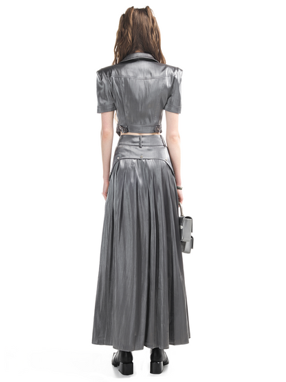 Glossy Wrinkled Flare Long-Skirt