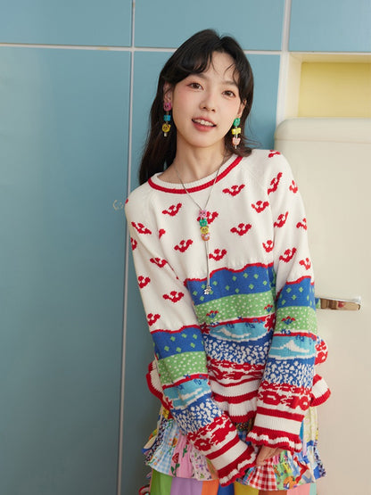 Retro Ruffle Border Knitted Sweater