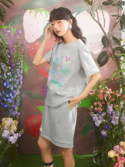 Retro Cherry Embroidery Gradient Loose T-shirt &amp; Skirt