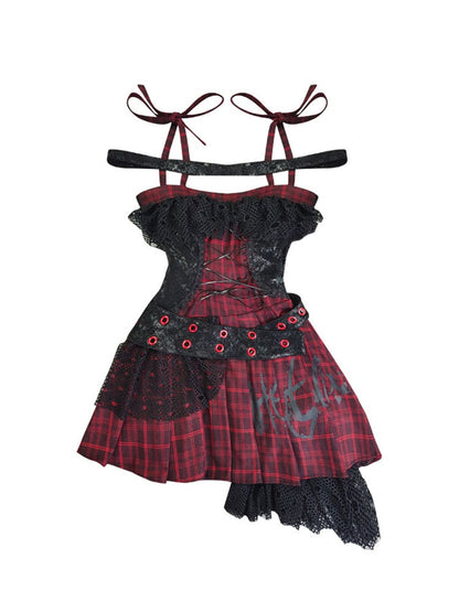 Niche Rock Suspender Plaid Dress