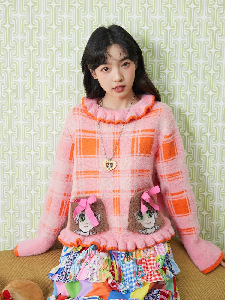 Plaid Girl Pocket Soft Plush Knitted Pullover