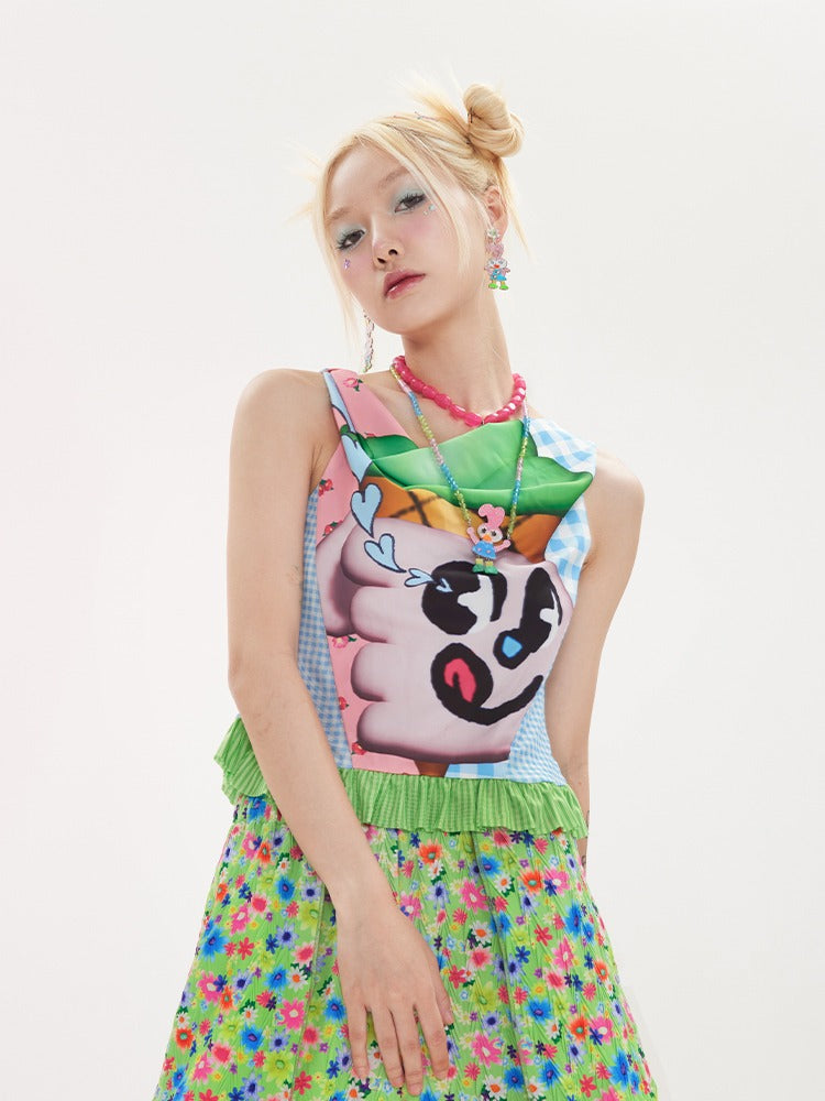 Ice Cream Print Swing Collar Mesh Sleeveless Top