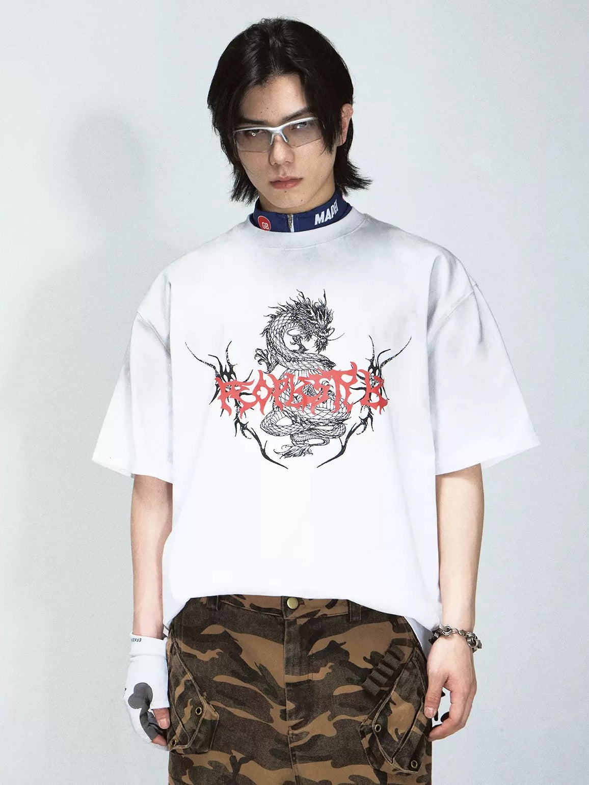 Dirty-dyed Chinese Dragon Print Round Neck T-shirt