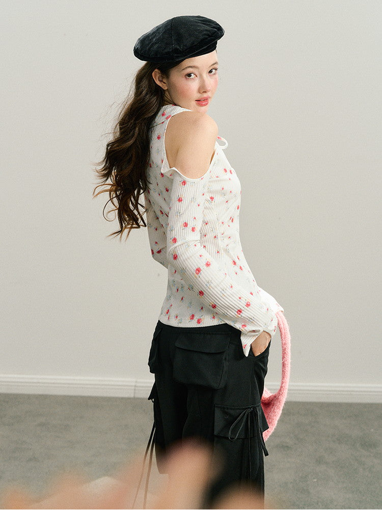 Open-Shoulder Flower Long-Sleeve Retro Knit