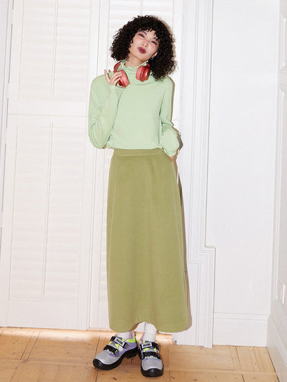 Wool Elastic-Waist Plain High-Waist Plain Flare A-Line Long-Skirt