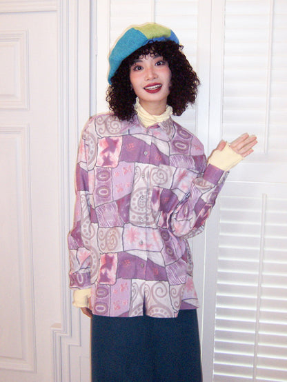 Shirt-to-épaule surdimensive patchwork Casual Retro Vintage Vintage Flower Shirt