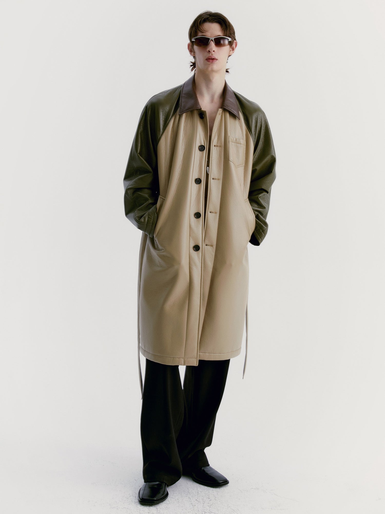 Unisex Leather Contrast Oversize Long-Coat