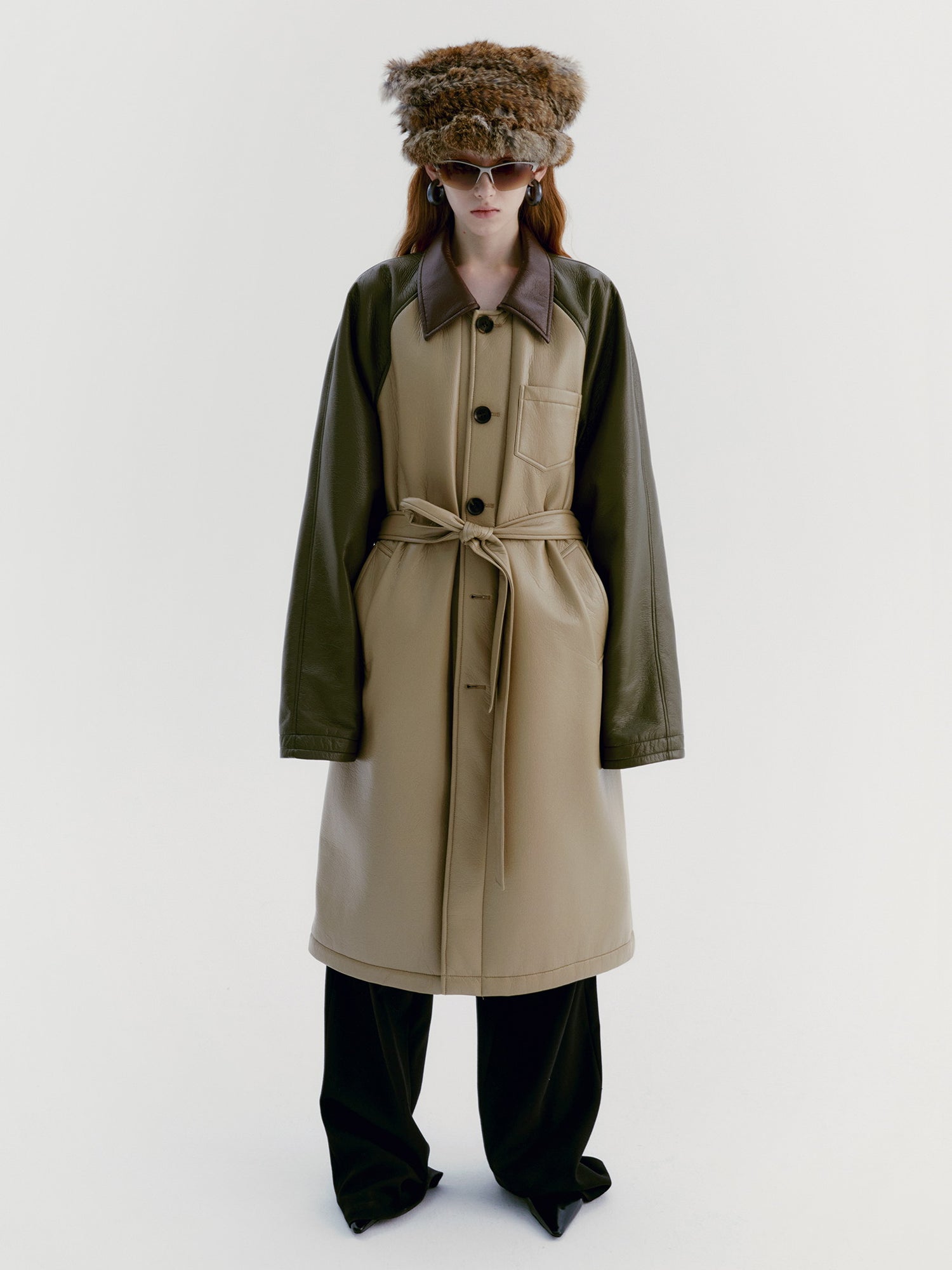 Unisex Leather Contrast Oversize Long-Coat