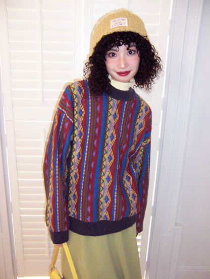 Ethnique rétro vintage Stripe Crew-Neck Trine